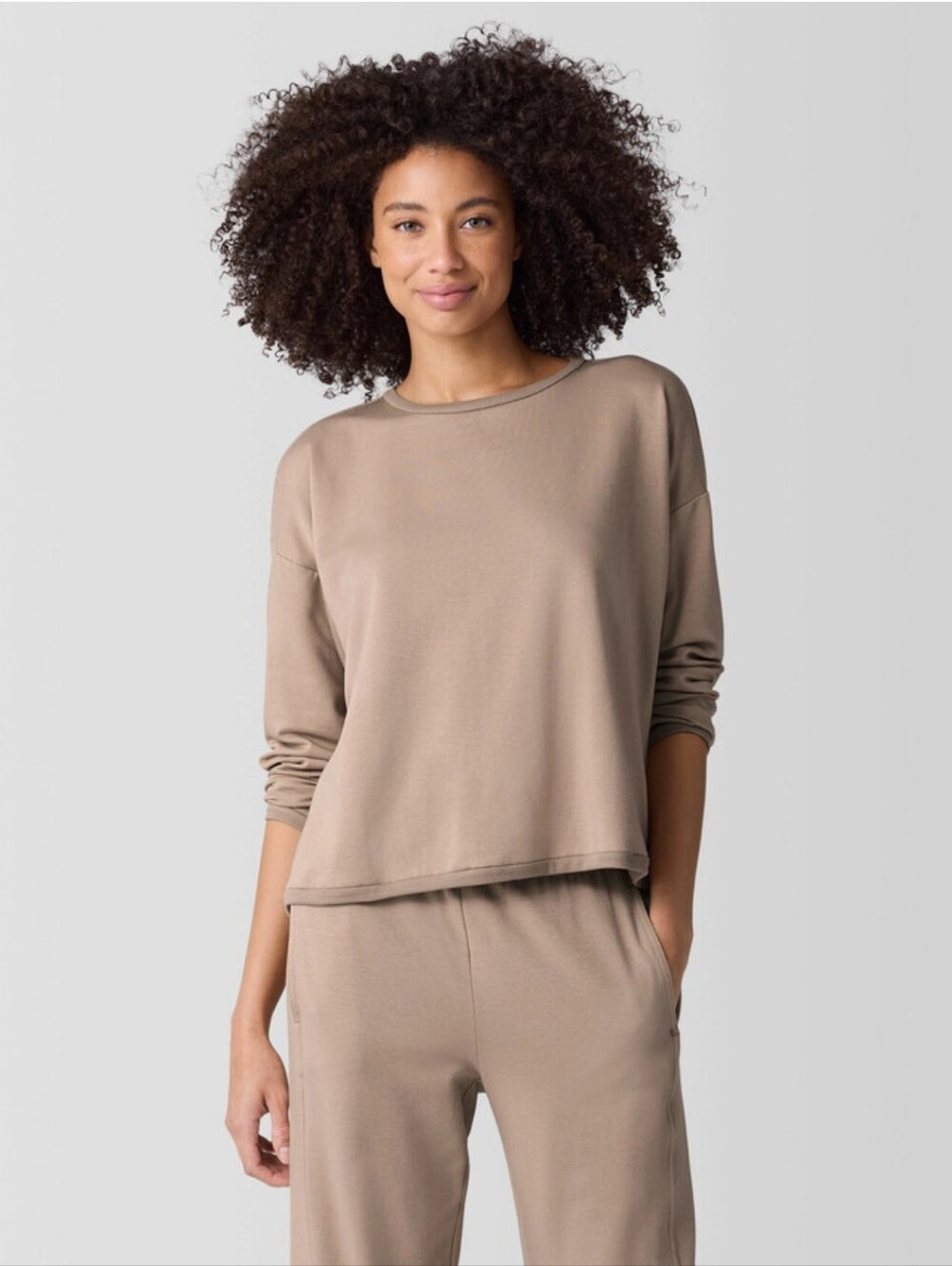 Eileen Fisher Round Neck Cropped Box Top  - Biscuit Brown #3906